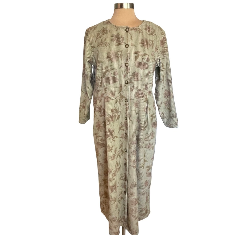 VTG Eddie Bauer Tan Floral Corduroy Button Front Shirt Dress Sz L Midi Length